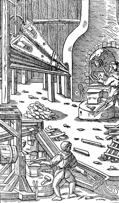 Stålproduksjon: en smie med belg for å produsere trekk, 1556 av Unbekannt
