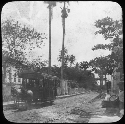 Gatebilde med hestetrukket trikk, Pernambuco, Brasil, slutten av 1800- eller begynnelsen av 1900-tallet av Unbekannt