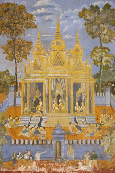 Sylver Pagoda Dette veggmaleriet skildrer scener fra Reamker, som er den kambodsjanske eller khmeriske versjonen av det klassiske hinduistiske diktet Ramayana, Phnom Penh, Kambodsja av Unbekannt