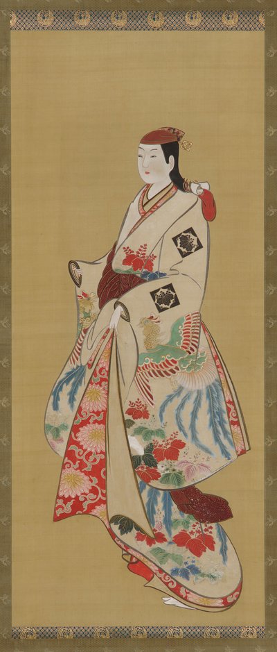 Høy jente, kjole mønstret med ho-o fugl og kiri blomster, Edo-perioden, 1615-1868. av Unbekannt