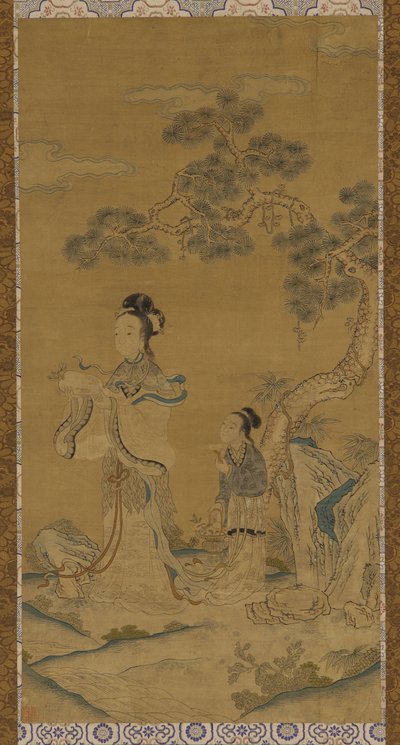 Tapestry: en daoistisk kvinnelig udødelig og ledsager under en furu, Ming-dynastiet, 1368-1644. av Unbekannt