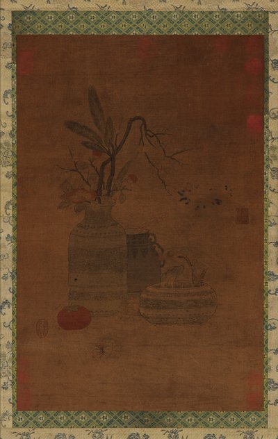Tapet: en skål, to krukker, blomster og frukt, muligens Ming-dynastiet, 1368-1644. av Unbekannt