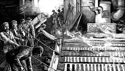 Å tappe en masovn og støpe jern til griser, c1900 av Unbekannt