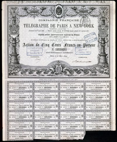 Telegraphy, General Paris-New York Telegraph Share Certificate, 27. mars 1879 av Unbekannt
