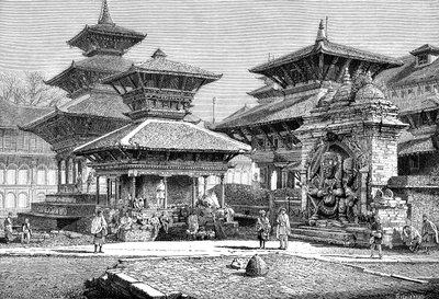 Templer som vender mot det kongelige palasset, Kathmandu, Nepal, 1895 av Unbekannt