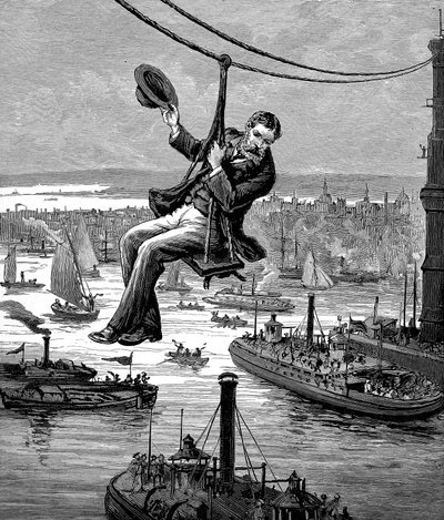 Tester kablene på Brooklyn Bridge, c1900 av Unbekannt