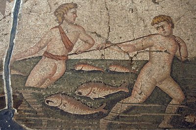 Thalasse and the Nude Fishermen mosaikk fra Vakto, detalj, Tyrkia, av Unbekannt