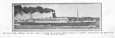 Allan Liner Virginian, det første fartøyet som mottok den trådløse meldingen..., 20. april 1912. av Unbekannt