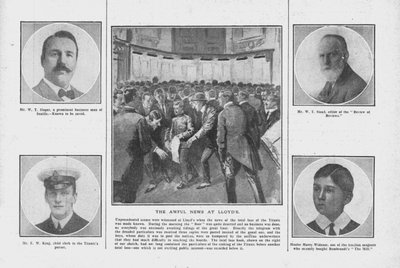 The Awful News at Lloyds, med portretter av noen av dem om bord på Titanic, 20. april 1912. av Unbekannt