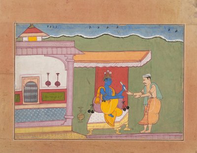 Brahminen leverer Rukminis-brev til Krishna ... fra en spredt Bhagavata Purana ..., ca. 1610. av Unbekannt