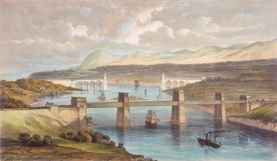 Britannia Tubular Bridge, Menai-stredet, Wales, c1850 av Unbekannt