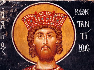 Den bysantinske fresken fra 1400-tallet (Detalj): Keiser Konstantin Veggmaleri Michael Erkeengelkirken i Pedoulas Kypros Malte kirker UNESCO-sted Troodos, Kypros av Unbekannt