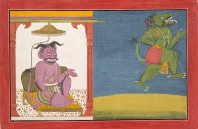 Demonen Hiranyaksha forlater Demon-palasset... fra en Bhagavata Purana-serie, ca. 1740. av Unbekannt