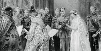 Hertugen av York plasserer ringen på Lady Elizabeth Bowes-Lyons finger, 26. april 1923, 1937 av Unbekannt