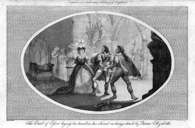 Jarlen av Essex legger hånden på sverdet sitt da han ble truffet av dronning Elizabeth., 1792 av Unbekannt