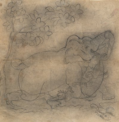 Elefantkongen wrestled a Crocodile: Illustrasjon fra en Gajendra Moksha-serie, sent på 1800-tallet. av Unbekannt