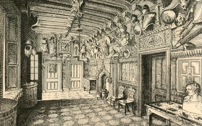 Inngangshallen. -Langs veggen er mange drakter av gammel rustning., 1882. av Unbekannt