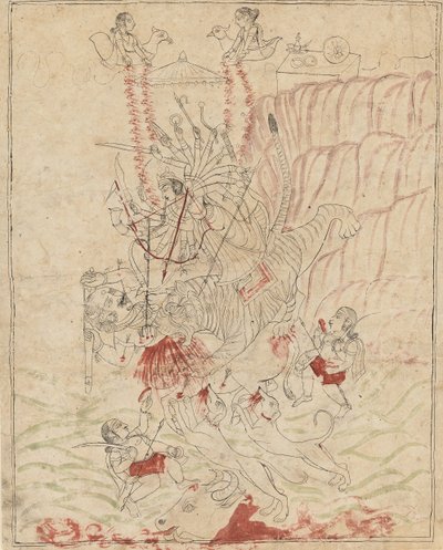Gudinnen Durga dreper bøffeldemonen, Mahisha Mahishasur Mardini, Ka. 1760. av Unbekannt