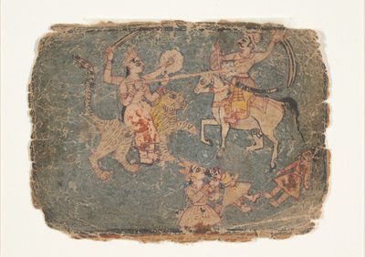 Gudinnen Durga dreper en fiende, side fra en spredt Markandeya Purana..., 1650-60. av Unbekannt