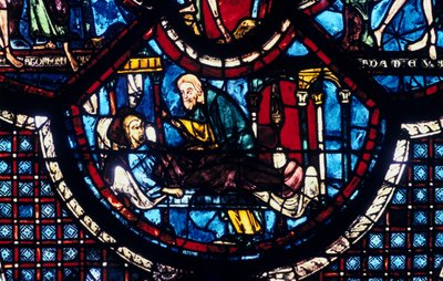 Den barmhjertige samaritanen bryr seg om pilegrimen, glassmalerier, Chartres-katedralen, Frankrike, 1205-1215 av Unbekannt
