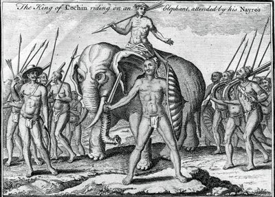 Kongen av Cochin rir på en elefant, deltatt av hans Nayros, c1745 av Unbekannt