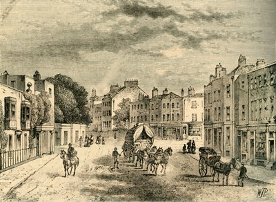 Den gamle landsbyen Vauxhall, med inngang til hagene, i 1825, c1878. av Unbekannt