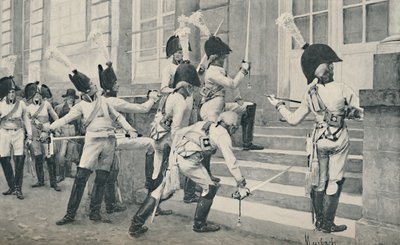 Den prøyssiske adelsgarden skjerper sverdene sine på trappene til den franske ambassaden i Berlin, 1896 av Unbekannt