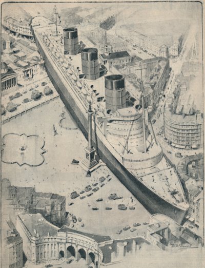 The Queen Mary i forhold til Trafalgar Square, London, 1936 av Unbekannt