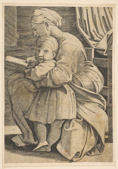 Jomfruen leser med spedbarnet Kristus, kvinne som sitter i profil vendt mot venstre og..., ca. 1515-1600. av Unbekannt