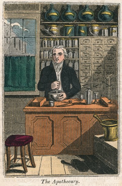 Apotekeren bruker stamper og morter for å tilberede narkotika, 1823 av Unbekannt