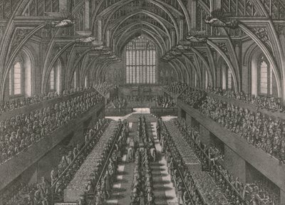 Banketten i den store salen ved Palace of Westminster ... kroningen av James II i 1685, 1902. av Unbekannt