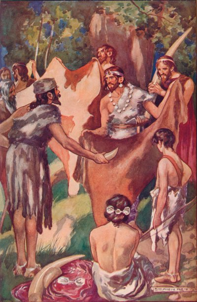 Begynnelsen av handel: primitive mennesker som bytter elfenbensstønner og oksehuder, 1907 av Unbekannt