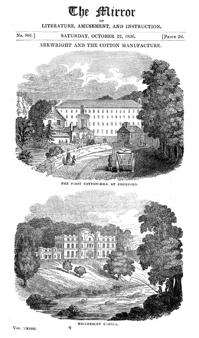 Den første bomullsfabrikken i Cromford, Derbyshire og Richard Arkwrights hus, 1836 av Unbekannt