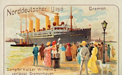 Den gigantiske SS Kaiser Wilhelm II trekker fra kaikanten ved Bremerhaven, Tyskland, 1905. av Unbekannt