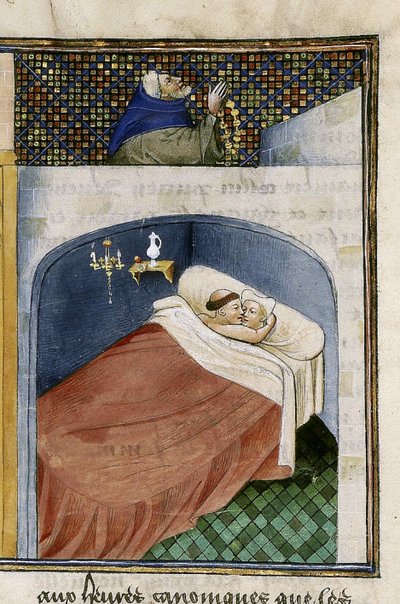 Munken sover med kona mens mannen ber, 1460-tallet. av Unbekannt