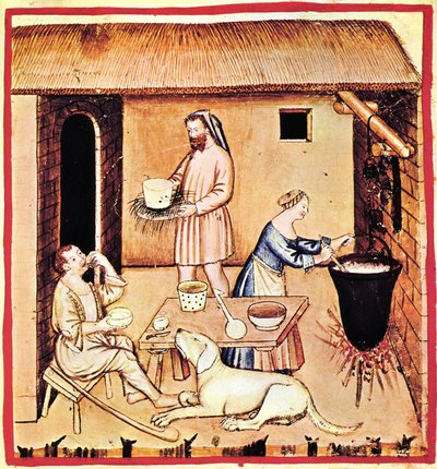 Produksjon av ost. En miniatyr fra Tacuinum Sanitatis, andre halvdel av 1300-tallet. av Unbekannt