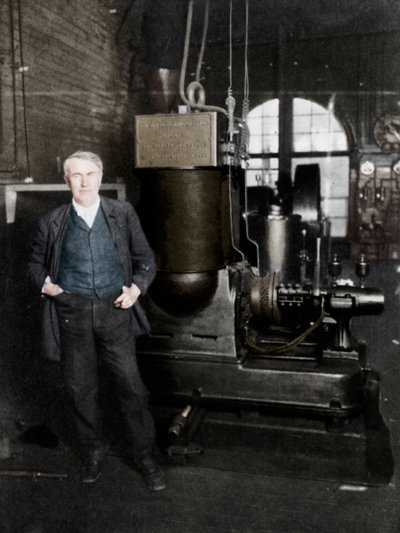 Thomas Alva Edison, amerikansk oppfinner, med sin første dynamo for å produsere elektrisk lys, 1880-tallet av Unbekannt
