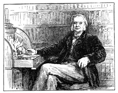 Thomas Henry Huxley , britisk biolog, ved skrivebordet hans, c1880 av Unbekannt