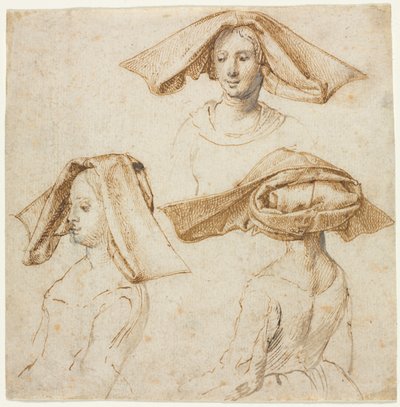 Tre studier av en kvinne som bærer en forseggjort hodeplagg, ca. 1500. av Unbekannt