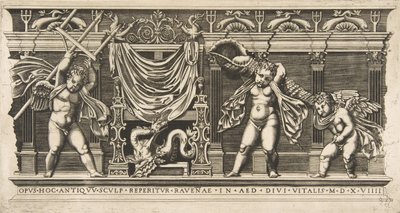 Tre amoriner foran en fasade med pilastre, en holder en trefork og en annen..., ca. 1515-1600. av Unbekannt