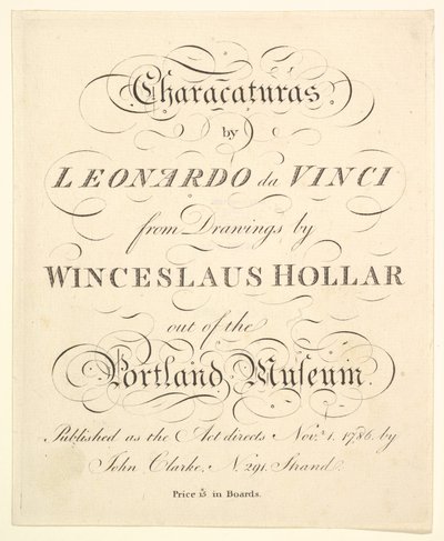 Tittelside: Characaturas av Leonardo da Vinci, fra Tegninger av Wincelslaus Hollar, ut av..., 1786. av Unbekannt