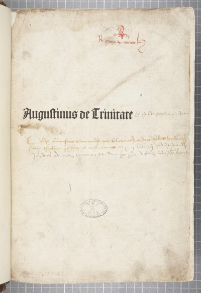 Tittelside til De trinitate og De Civitate Dei cum commento, skrevet av Augustine av Hippo (penn og blekk på papir) av Unbekannt