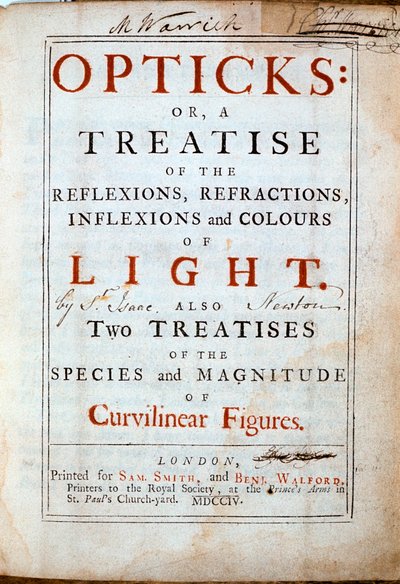 Tittelside til Optikk av den engelske vitenskapsmannen og matematikeren Isaac Newton, 1794 av Unbekannt