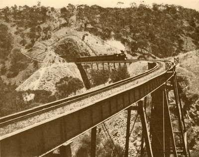 Tog passerer over viadukten, Mount Lofty Range, Sør-Australia, 1930. av Unbekannt