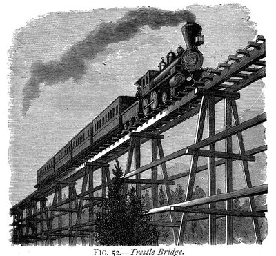 Tog som krysser en trebukkerbro på Union Pacific Railroad, Wyoming, USA, c1870 av Unbekannt