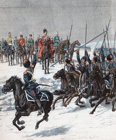 Tsar Nicholas II gjennomgår kosakker, russisk-japansk krig, 1904-5 av Unbekannt