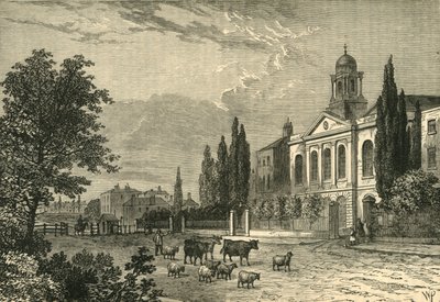 Turnpike i Hampstead Road, og St. James Church, i 1820, c1876. av Unbekannt