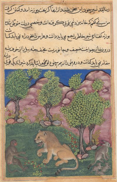 Tuti-Nama Tales of a Parrot: Tale XXVIII: The Monkey Advises the Suspicious Lion..., ca. 1560. av Unbekannt
