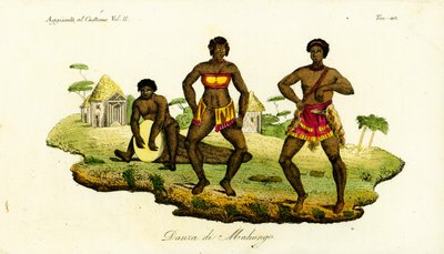 To Mahungo-kvinner danser semba til musikk fra en tromme skåret ut fra en tømmerstokk i Angola av Unbekannt