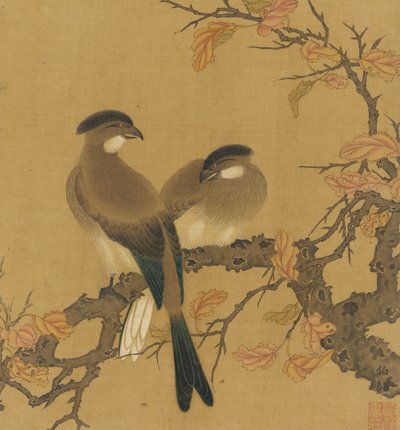To kamfugler på en gren, høstløv, Qing-dynastiet, 1700-tallet. av Unbekannt